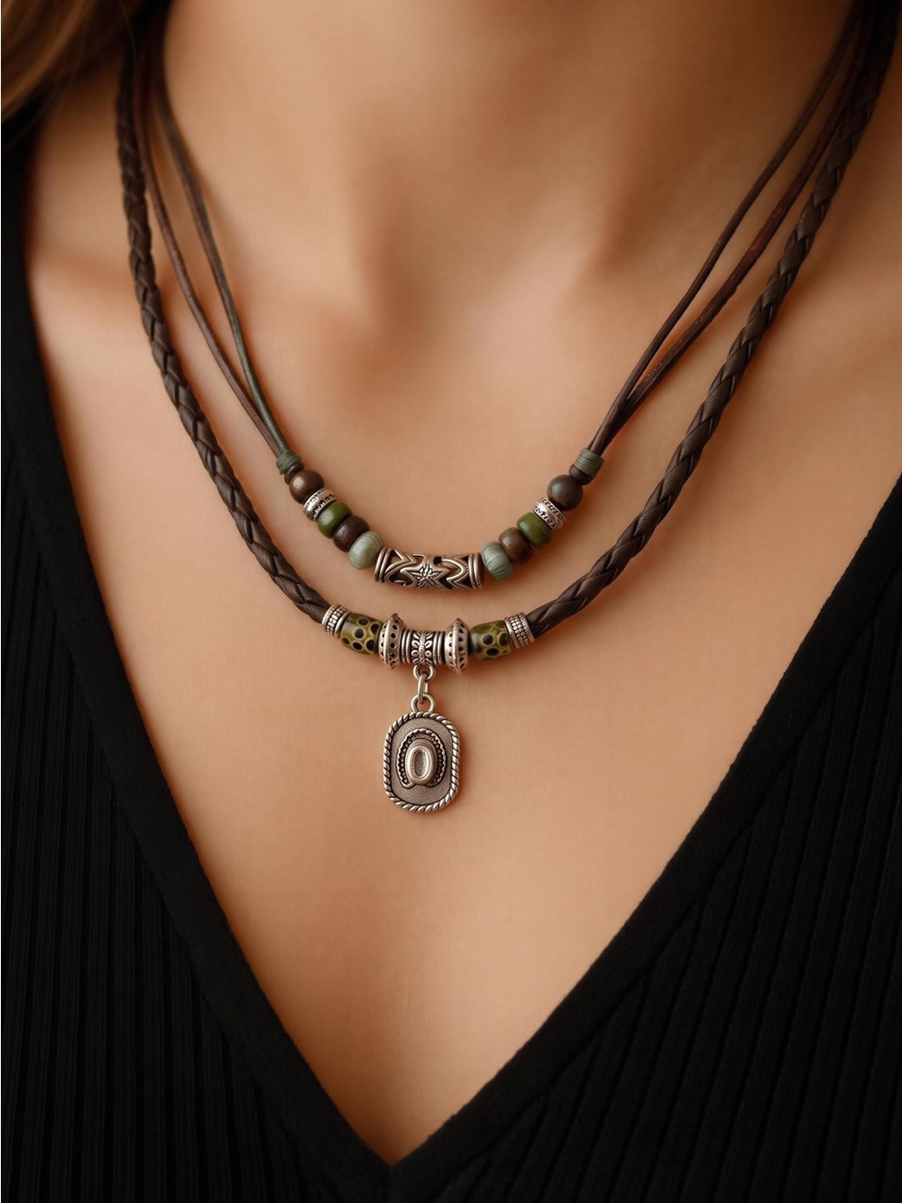 Layered Brown Leather Necklace with Olive Beads and Silver cowboy Pendant -